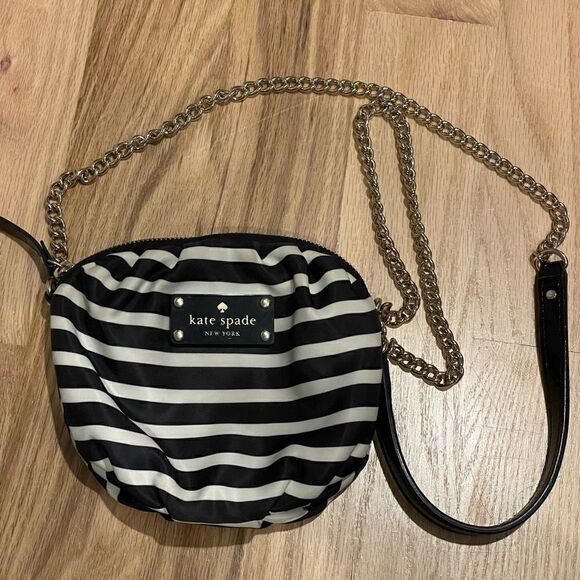 Kate Spade Crossbody Black and White Gold Chain Small Nautical Striped - Picture 2 of 12